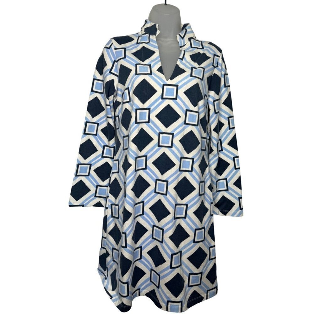 MAHI Gold Tunic Dress Womens S 3/4 Sleeves Geometric V-Neck Navy Blue NEW